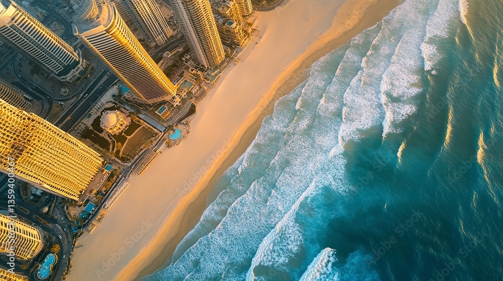 Aerial view of a Dubai beach bordered by sleek skyscrapers, turquoise waves lapping the shore, golden sand and palm trees below, late afternoon light for dramatic contrast.