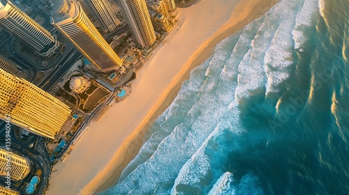 Obraz na płótnie Aerial view of a Dubai beach bordered by sleek skyscrapers, turquoise waves lapping the shore, golden sand and palm trees below, late afternoon light for dramatic contrast. w salonie