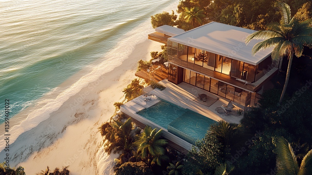 Aerial view of a modern beach house with glass walls and lush landscaping, turquoise ocean meeting white sand, golden hour light, tranquil and elegant composition
