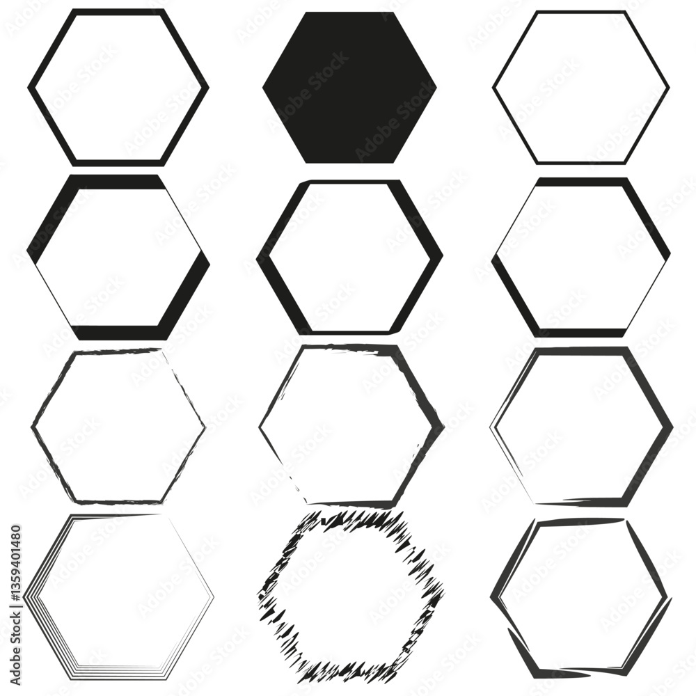 Hexagon frame icons. Geometric vector shapes. Black and white hexagonal. Simple outline design. Hexagon frame icons. Geometric vector shapes. Black and white hexagonal. Simple outline design.
