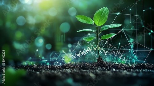 Biotechnology Concept with Plant and DNA Helix, A young plant growing with a digital DNA helix overlay, symbolizing biotechnology