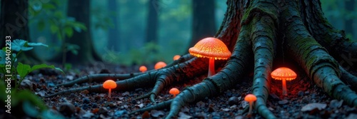 Ancient tree roots with glowing fungi, forest floor, mystical