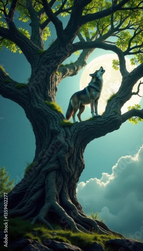 Ancient, gnarled tree with a majestic wolf perched on its branches, let out a haunting howl, forest canopy, woods