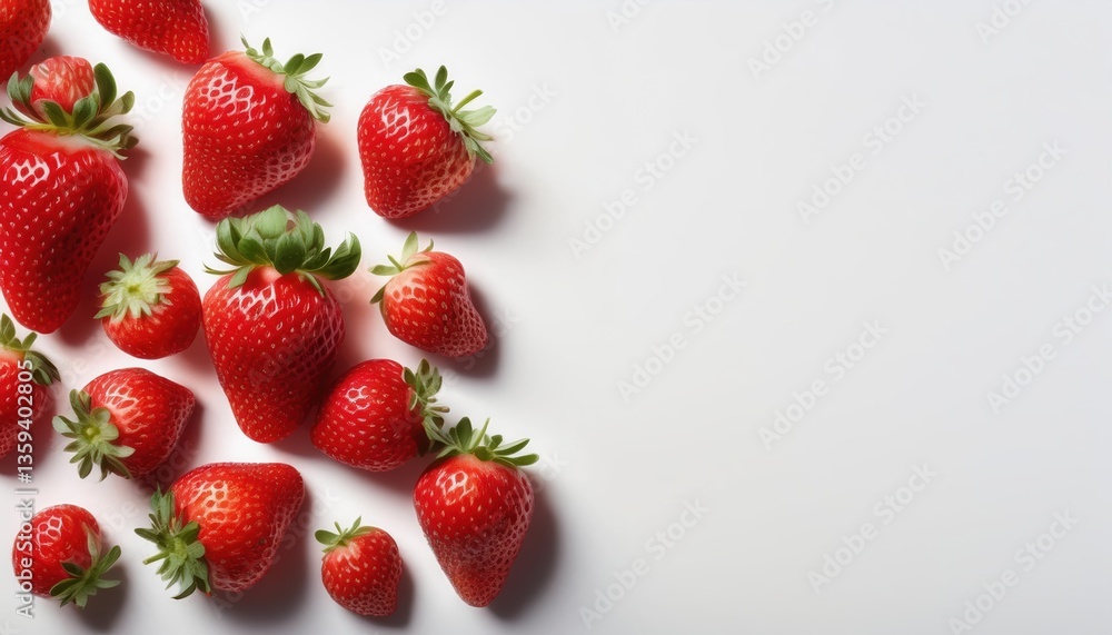Fresh strawberries scattered on a pure white background showcasing their vibrant red tones and natural sweetness Fresh strawberries scattered on a pure white background showcasing their vibrant red tones and natural sweetness