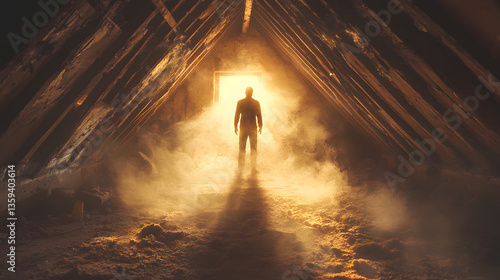 Obraz na płótnie Mystery in the Attic: A lone figure stands at the doorway of a dimly lit attic, silhouetted against a radiant beam of light, creating an aura of mystery and intrigue. w salonie
