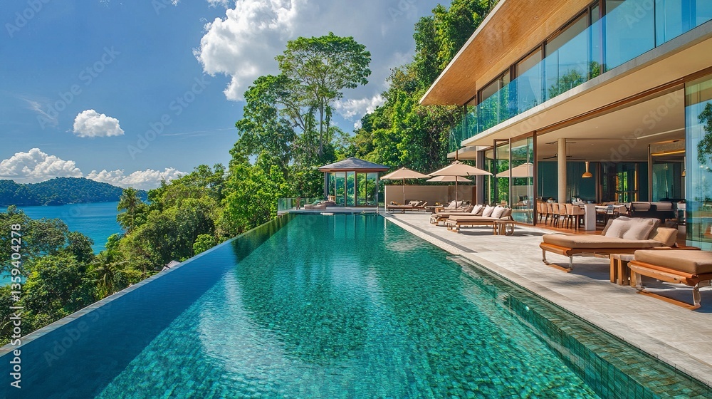 Fototapeta premium Beachfront villa with a sprawling infinity pool, glass facades reflecting golden sunlight, tropical greenery surrounding the property, eye-level view, serene and elegant 