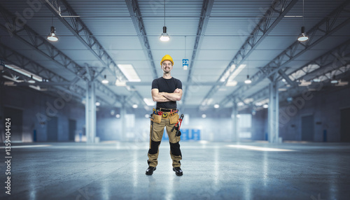Portrait of a confident construction worker standing with his arms crossed in a large empty warehouse building