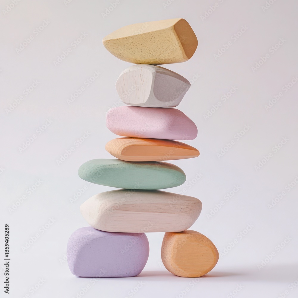 Stacked colorful stones. A balanced tower of various pastel-toned, smooth, sculpted stones Stacked colorful stones. A balanced tower of various pastel-toned, smooth, sculpted stones