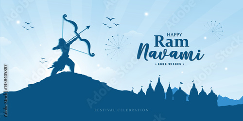 Happy Ram Navami wishes or greeting sunset social media indian banner or poster design with bow or mountain vector illustration