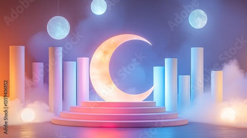 A layered crescent moon display glowing in gradient colors