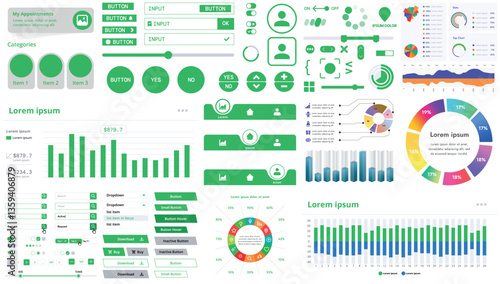 A set of interface elements for apps and websites with a modern design: buttons, menus, charts, and sliders, perfect for finance, business, and multimedia with colorful accents.