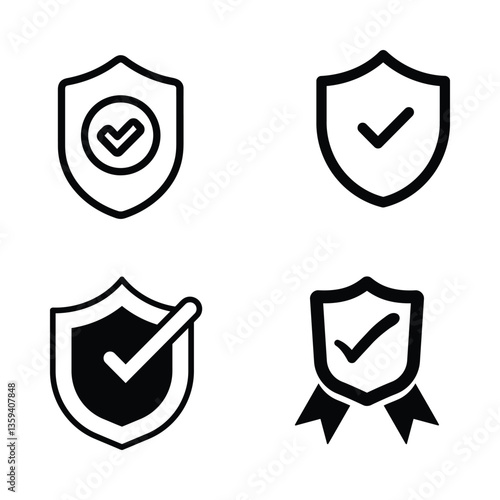 A collection of shield icons and protection symbols in a sleek, metallic, and shiny design, featuring security and emblem elements in silver and chrome