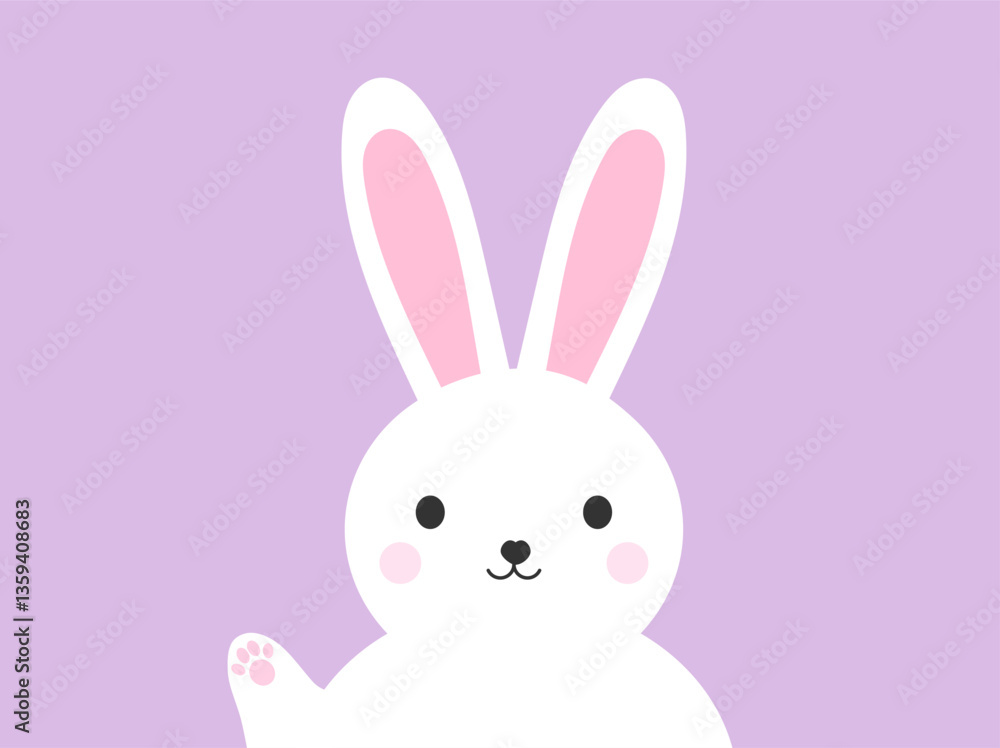 Easter bunny with paw up. Cute white bunny on purple pastel background. Happy Easter card. Vector illustration. Easter bunny with paw up. Cute white bunny on purple pastel background. Happy Easter card. Vector illustration.