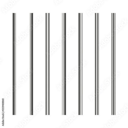 Vertical line set. Metallic gradient stripes. Sleek column shape. Vector bar pattern.