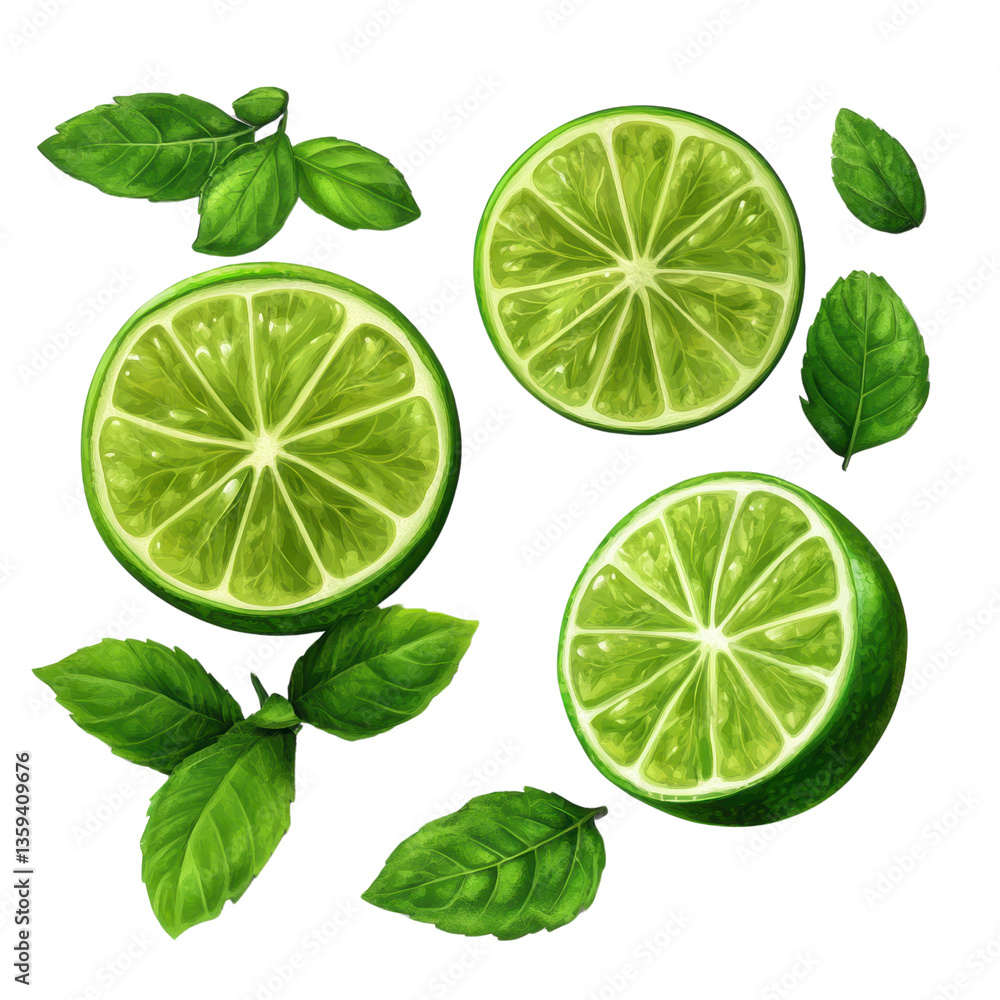 sliced lime and mint leaves isolated on transparent background sliced lime and mint leaves isolated on transparent background