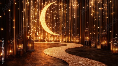 A luxurious Eid setup featuring glowing crescent pathways leading to tall glass lanterns