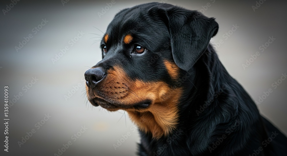 Fototapeta premium Rottweiler Puppy Sitting Attentively – Strong and Loyal Dog Breed