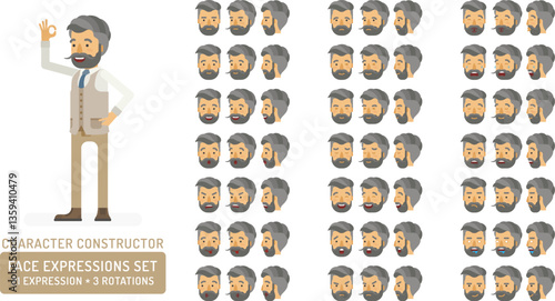 Vector young adult hipster man in vest character face expressions set in flat style: front, half-side and side view.