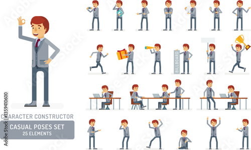 Vector young adult manin business suit ready-to-use character casual poses set in flat style. Full length, gestures, emotions, front, side, back view.