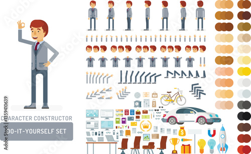 Vector young adult man in business suit do-it-yourself creation kit. Full length, gestures, emotions - all character constructor elements for building your own design for infographic illustrations.