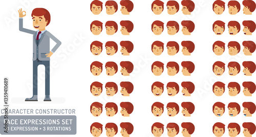 Vector young adult man in business suit character face expressions set in flat style: front, half-side and side view.