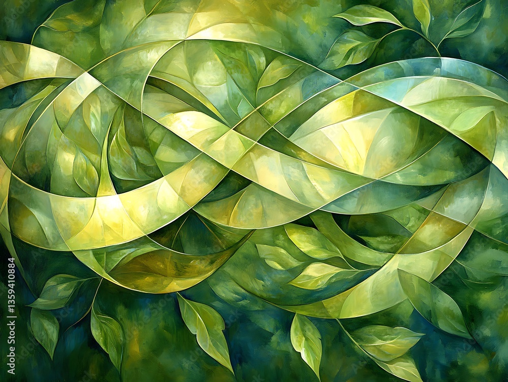 Obraz premium Interwoven ribbons and verdant foliage create an abstract nature artwork