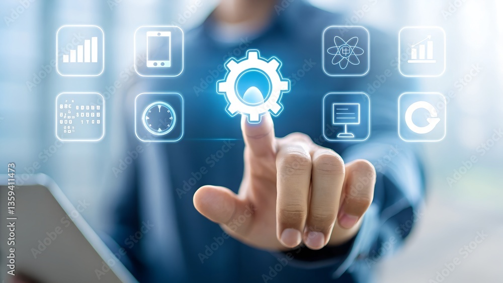 Automatic control system with modern technology for business management, businessman hand touching gears icon showing automation software operation Automatic control system with modern technology for business management, businessman hand touching gears icon showing automation software operation