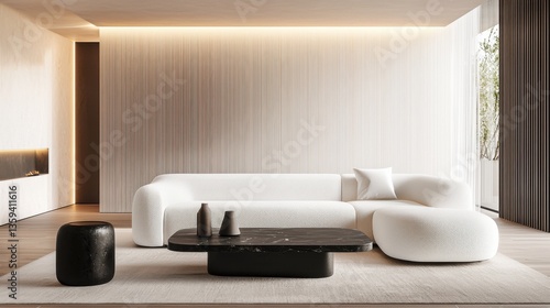 Modern minimalist lounge, white boucle oversized sofa, black stone coffee table, light clay walls, indirect lighting