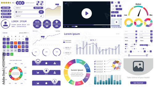 A set of modern interface elements for apps and websites: buttons, graphs, charts, and menus, perfect for business, dashboards, and responsive layouts.