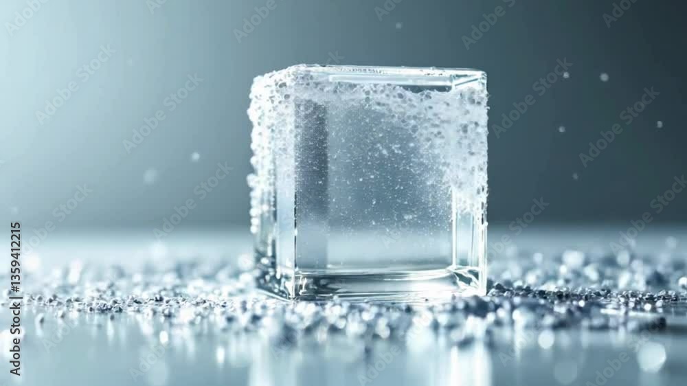 A glass cube dissolving into tiny refractive particles A glass cube dissolving into tiny refractive particles