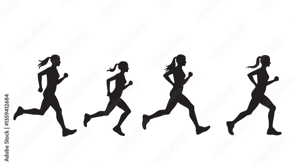 Set of women’s running action silhouettes. Set of women’s running action silhouettes.