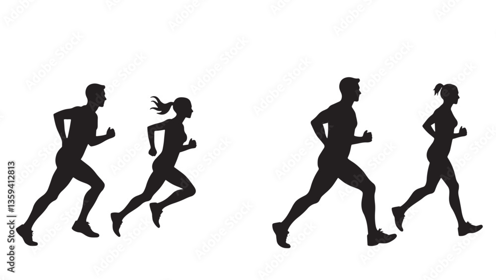 Fototapeta premium silhouettes of man and women jogging together