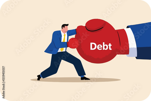  Fighting Debt: Businessman Punches Giant Boxing Glove Labeled "Debt," Symbolizing Financial Struggle.
