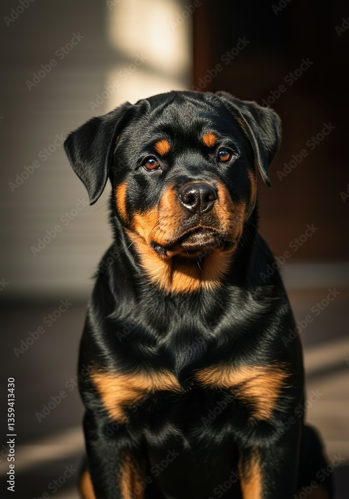 Fototapeta premium Rottweiler Puppy Sitting Attentively – Strong and Loyal Dog Breed
