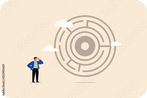 WebFinding the Way: Man Contemplates Circular Maze, Symbolizing Problem Solving and Strategy.