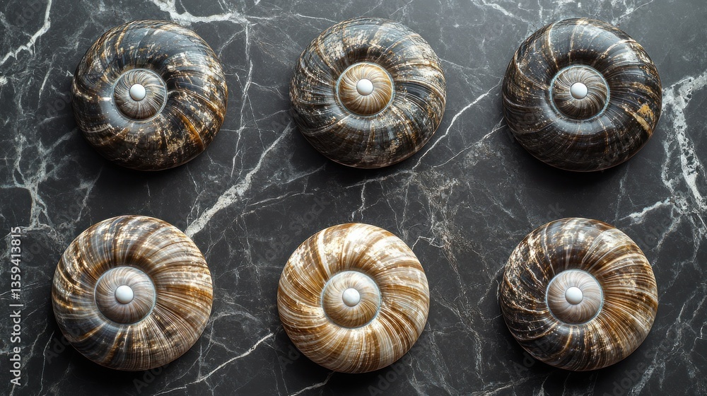 Decorative round shells on a dark gray marble surface Decorative round shells on a dark gray marble surface