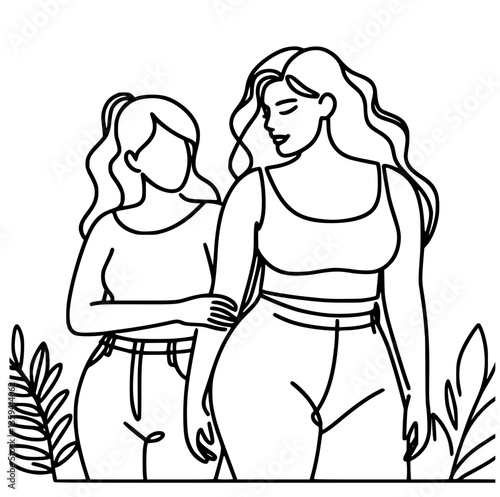 Monochrome vector illustration of curvy women in natural poses.