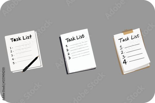 Three task lists with numbered lines, one with a pen, on a flat gray background.