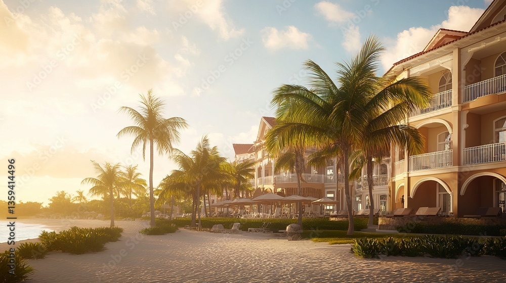 Elegant beachfront resort on a Caribbean coast, tropical palms swaying in the gentle morning breeze, warm sunrise tones casting a golden glow Elegant beachfront resort on a Caribbean coast, tropical palms swaying in the gentle morning breeze, warm sunrise tones casting a golden glow