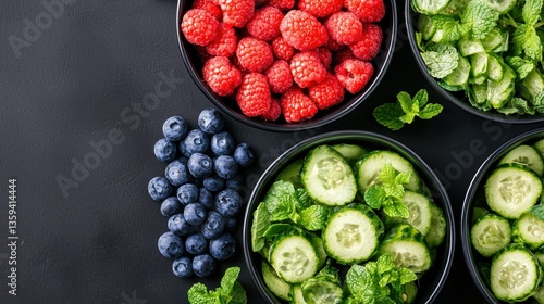 Wallpaper Mural Fresh raspberries, blueberries, and cucumber slices with mint leaves, beautifully arranged in black bowls on a dark surface. Torontodigital.ca