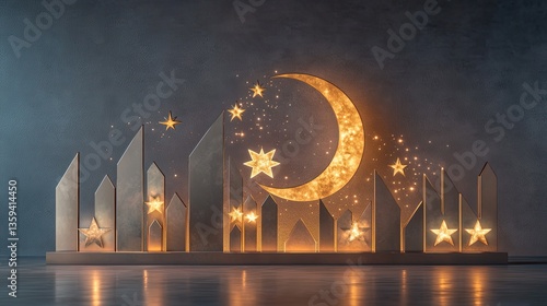 A modern Eid display featuring flat metallic panels cut in crescent and star shapes