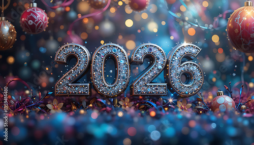 2026 Happy New Year on colorful celebration background. Christmas decorations. New Year's greetings. 2026 silver number 3d rendering. silver 2026 number. seasonal celebrations. christmas festive