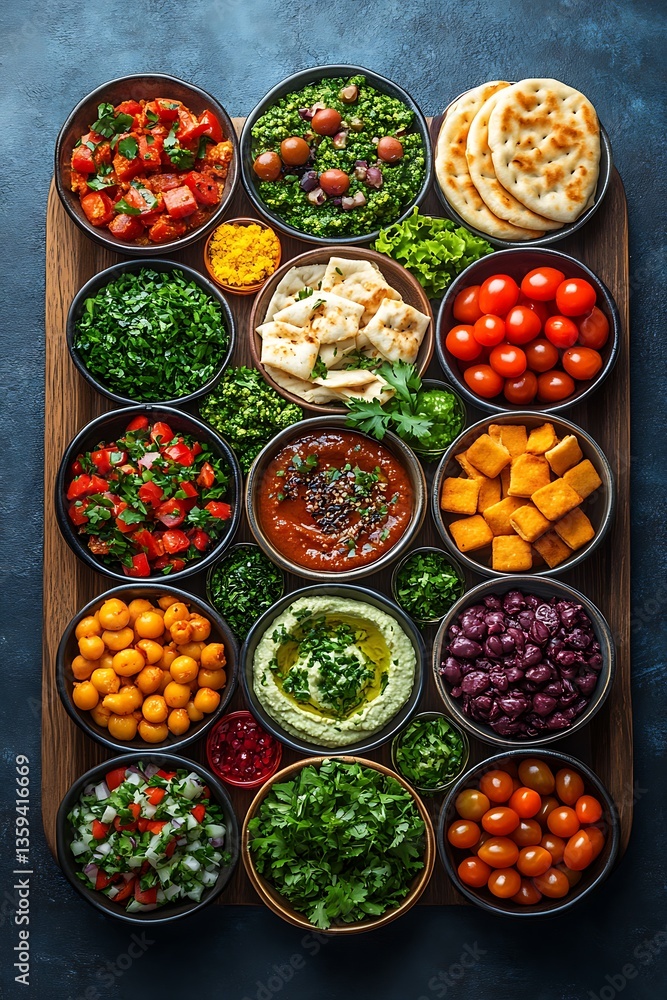 Fototapeta premium Various colorful fresh dishes served in individual ceramic bowls on a board