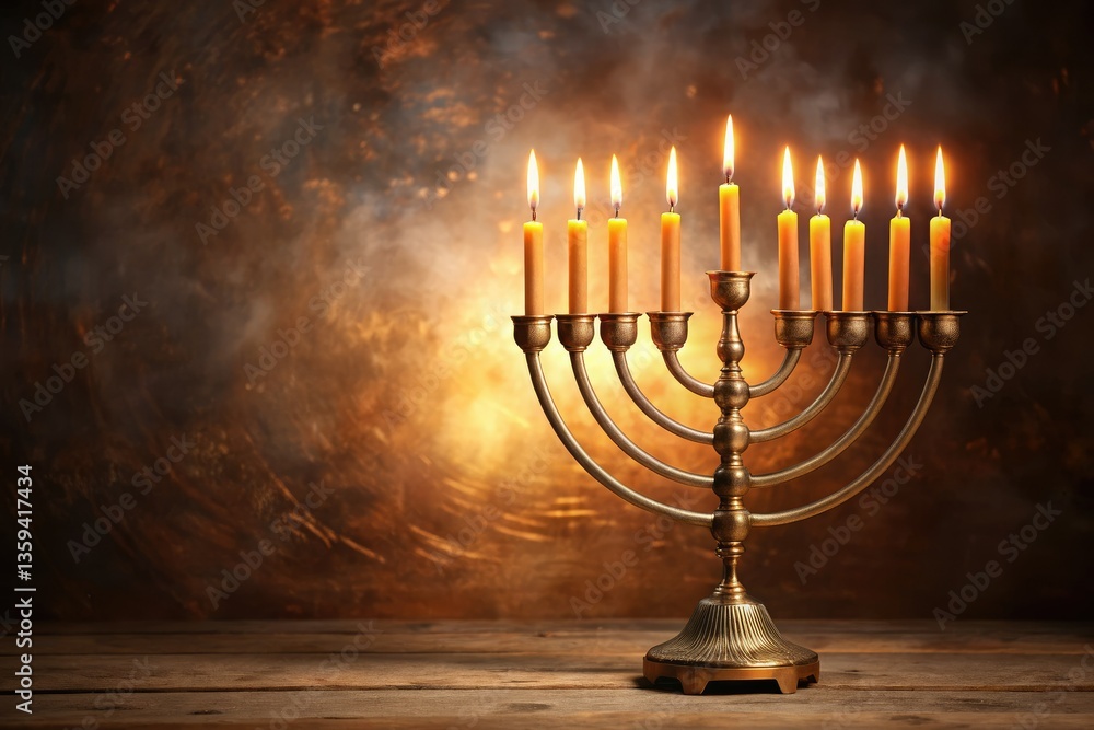 Happy Hanukkah! Realistic Menorah, Burning Candles, Festive Holiday Background Happy Hanukkah! Realistic Menorah, Burning Candles, Festive Holiday Background