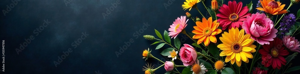 Vibrant bouquet of assorted flowers on a dark backdrop, contrast, celebration, vivid Vibrant bouquet of assorted flowers on a dark backdrop, contrast, celebration, vivid
