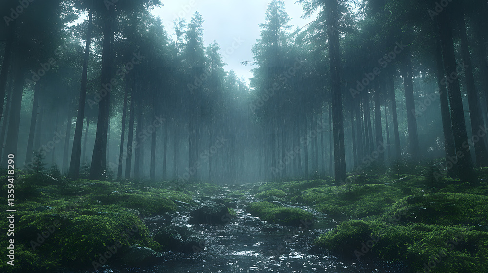 Obraz premium Mystical Forest Trail: An enchanting forest trail leads into a serene, misty, and atmospheric woodland scene, where tall trees create a cathedral-like ambiance. 