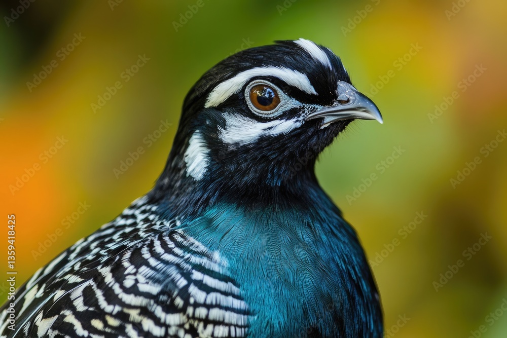 Fototapeta premium Gambels Quail: Black and White Portrait of Quail Guarding and Watchful in Green Surroundings