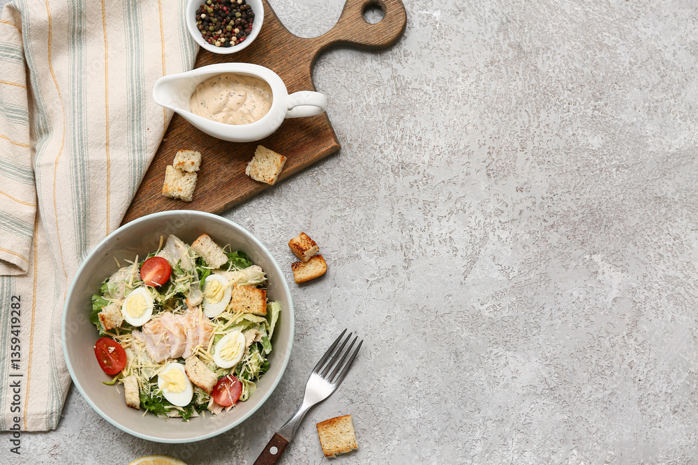 Bowl with tasty chicken Caesar salad, peppercorn and gravy boat of sauce on grey background Bowl with tasty chicken Caesar salad, peppercorn and gravy boat of sauce on grey background