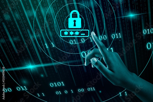 L'index d'une main d'une femme à la peau noire touche l'écran pour déverrouiller le cadenas sur fond cyan de données binaires 