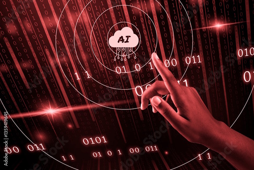L'index d'une main d'une femme à la peau noire touche l'écran pour utiliser l'intelligence artificielle sur fond de données binaires 